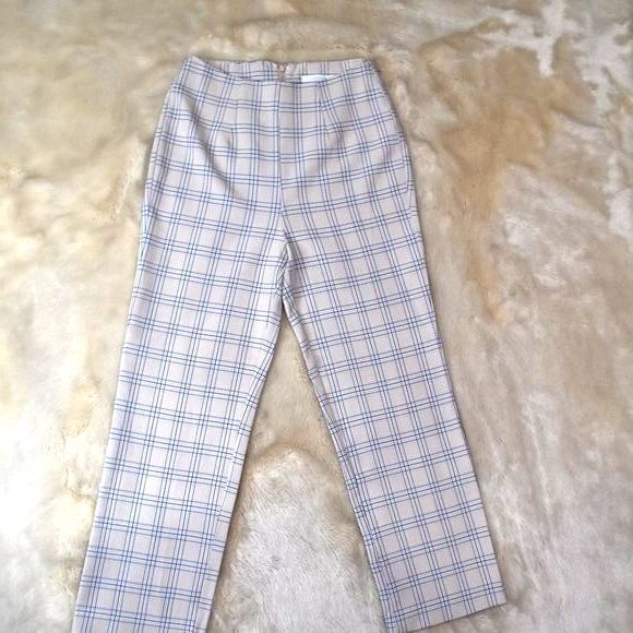 Womens Dress Pants Small Plaid Beige Blue Cropped Capris Preppy Casual Slacks - Picture 8 of 14
